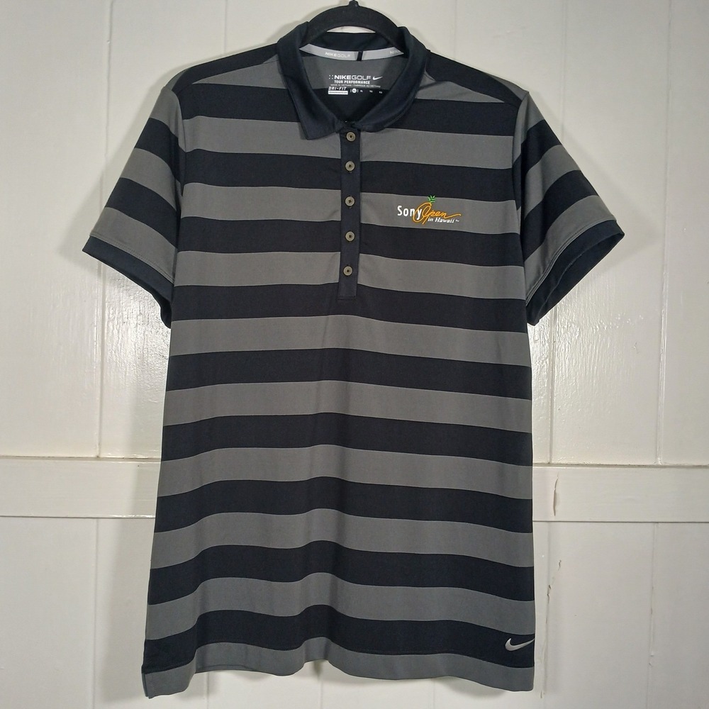 Nike Golf Sony Open Hawaii Women XL Polo Shirt Dri-FIT Striped Black Grey 585868